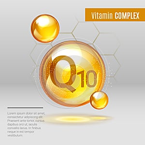 Vitamin Q10 gold shining pill capsule icon . Vitamin complex with Chemical formula, coenzyme Q, ubiquinone. Shining