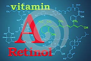 Vitamin A, retinol. Chemical formula, molecular structure. 3D re