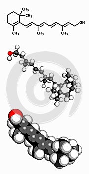 Vitamin A (retinol), molecular model. Atoms are represented as spheres with conventional color coding: hydrogen (white), carbon (