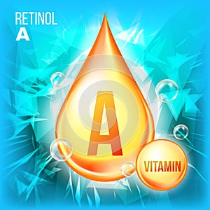 Vitamin A Retinol Vector. Vitamin Gold Oil Drop Icon. Organic Gold Droplet Icon. Liquid. For Beauty, Cosmetic, Heath