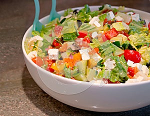 Vitamin-rich salad of sliced leaves and vegetables with cheese f