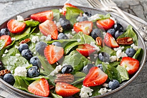 Vitamin salad of fresh spinach, strawberries and blueberries with cheese and pecans with honey dressing close-up in a plate.