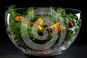 Vitamin salad with lettuce leaves, edible flowers and berries in a plate on a black background. Generative AI