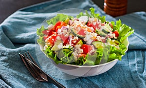 Vitamin salad with tomato, cucumber, onion, lettucce and cottage cheese in white bowl
