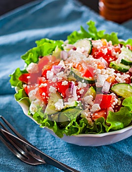 Vitamin salad with tomato, cucumber, onion, lettucce and cottage cheese in white bowl