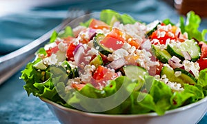 Vitamin salad with tomato, cucumber, onion, lettucce and cottage cheese in white bowl