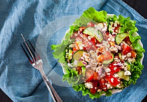 Vitamin salad with tomato, cucumber, onion, lettucce and cottage cheese in white bowl