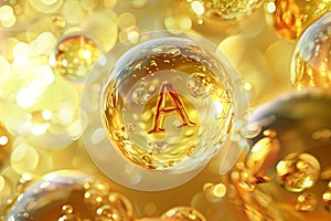 Vitamin A symbol within a golden oil capsule, surrounded by light.