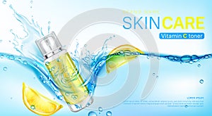 Vitamin toner banner, cosmetics bottle in water