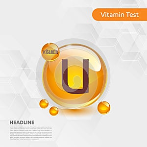 Vitamin U gold shining pill capcule icon, cholecalciferol. golden Vitamin complex with Chemical formula substance drop. Medical f
