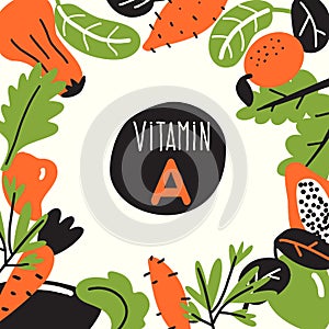 Vitamin A. Vector cartoon illustration, Food infredients with text space. Healthy eating template