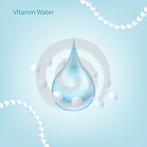 Vitamin Water splashes, blue liquid Water droplet. Transparent vector water splash and water drop on light background