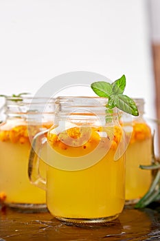 Vitaminic healthy sea buckthorn tea, Virus protection drink, coronavirus, immunity concept