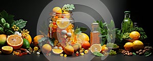 vitamins, citrus on the table together with the drug, tablets. The concept of a healthy lifestyle. Bright turquoise background