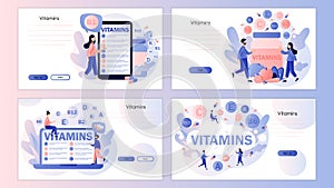 Vitamins complex. Multi vitamin supplement, vitamin A, group B B1, B2, B6, B12, C, D, E, K. Screen template for landing