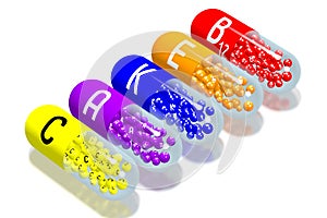 Vitamins concept - B, E, K, A, C - 3D illustration