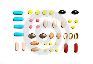 Vitamins, dietary supplements in a row , Background from multi-colored tablets