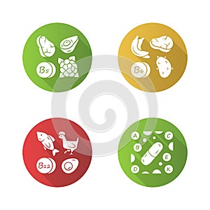 Vitamins flat design long shadow glyph icons set. B5, B6, B12 natural food source. Vitamin pills. Fruits, meat