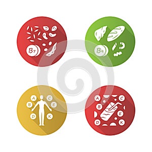 Vitamins flat design long shadow glyph icons set. B1, B9 natural food source. Vitamin complex, cocktail. Nuts, flour