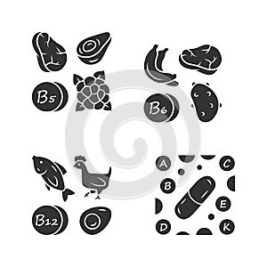 Vitamins glyph icons set. B5, B6, B12 natural food source. Vitamin pills. Fruits, meat, vegetables. Proper nutrition