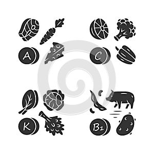 Vitamins glyph icons set. A, C, B1, K vitamins natural food source. Vegetables, edible greens, dairy products. Proper