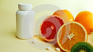 Vitamins. Medical concept. Pharmacy or natural. White bottle with vitamins, scattered pills. Juicy ripe citrus fruit slices. lemon