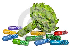 Vitamins and minerals of artichoke, 3D rendering photo