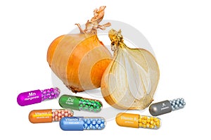 Vitamins and minerals of bulb onion, 3D rendering