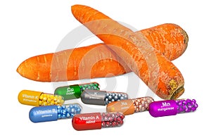 Vitamins and minerals of carrot, 3D rendering