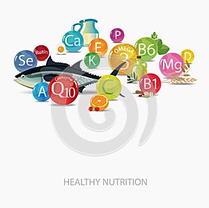Vitamins, minerals and food. Healthy food every day
