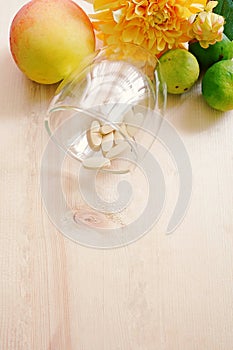 Vitamins and supplements in the bottle on wooden table,Vitamin C concept,vitamin C bottl