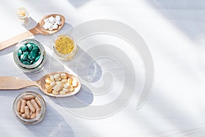 Vitamins, supplements, healthy life concept. Flat lay, copy space photo