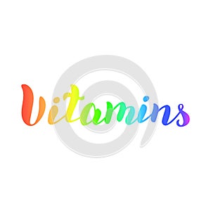 Vitamins typogaphy logo word. Trendy lettering text design. Sticker, label, icon for farmacy products. Vector photo