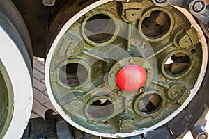 Vitebsk, Belarus, September 9, 2023. Iron wheel of an old tank.