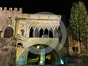 Viterbo, the city of Popes, Italy. Ancient arches, building and Christmas tree