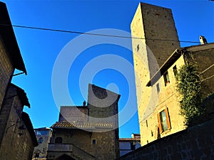 Viterbo, the city of Popes, Italy. Ancient buildings, tower and the sky