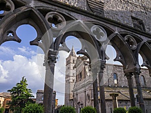 Viterbo, impressive view of Saint Lawrence romanesque cathedral from the Loggia of the Papal Palace, Lazio, central Italy