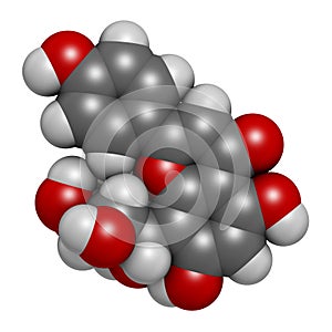 Vitexin passion flower molecule. 3D rendering. Atoms are represented as spheres with conventional color coding: hydrogen white,