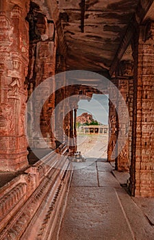 Vithala temple hampi ruins interior antique stone art from unique angle