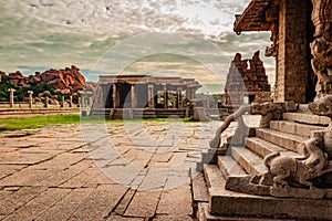 Vithala temple hampi ruins interior antique stone art from unique angle