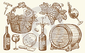 Viticulture sketch set. Wine drink concept. Barrel, wineglass, bottle, basket of grapes, cheese. Vector illustration