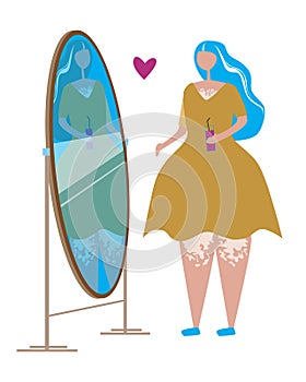 Vitiligo in girls and a mirror are isolated on a white background for design, flat vector stock illustration with skin