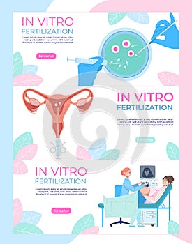 In vitro fertilization medical banners set, modern medicine, artificial pregnancy, design cartoon style vector