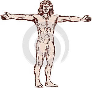 Vitruvian Man Arms Spread Front Etching