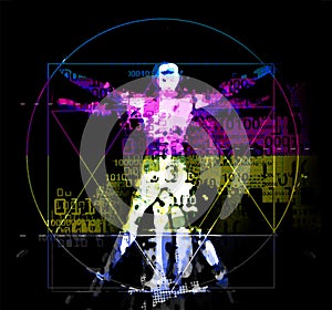 Vitruvian man with binary code, modern variation on the famous symbol.