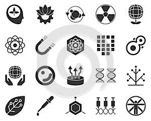 Vitruvian, man. Bioengineering glyph icons set. Biotechnology for health, researching, materials creating. Molecular biology,