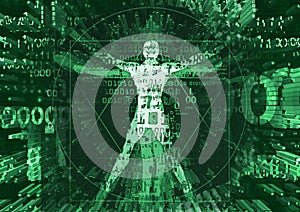 Vitruvian man in explosion of destroyed computer data.