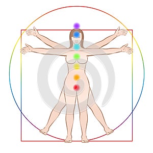 Vitruvian Woman Female Body Seven Chakras Rainbow Colors