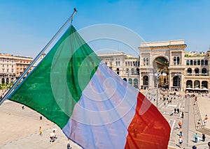 Vittorio Emanuele II monument in Milan, Italy with italian flag