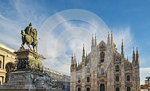 Vittorio Emanuele II statue and entrance facade of Milan Cathedral